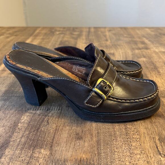 VTG Mudd Toni Platform Mules Chunky Heel Buckle Faux Leather 90s Y2K Brown Sz 10 - Picture 2 of 12
